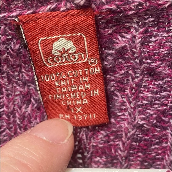 Valerie Stevens Woman Purple/Cranberry Cable Knit V-Neck Cotton Sweater Size 1X - Picture 3 of 7